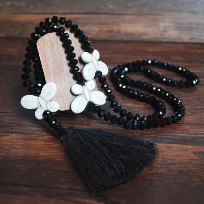 Multicolor Crystal Beads Turquoise Butterfly Tassel Pendant Necklace