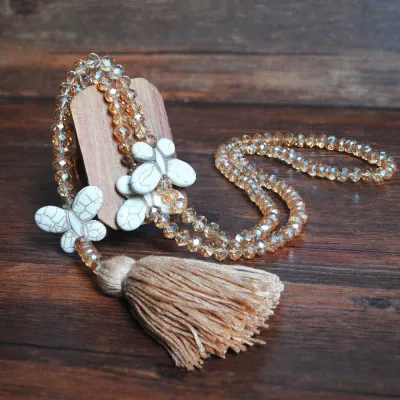 Multicolor Crystal Beads Turquoise Butterfly Tassel Pendant Necklace