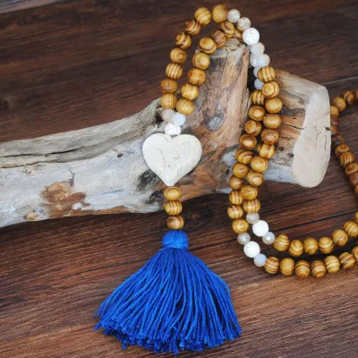 Bohemian Heart-shaped Wooden Beaded Tassel Pendant Necklace