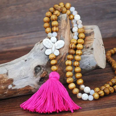 Bohemian Heart-shaped Wooden Beaded Tassel Pendant Necklace
