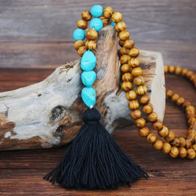 Bohemian Heart-shaped Wooden Beaded Tassel Pendant Necklace