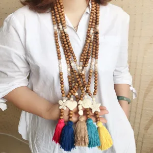 Bohemian Heart-shaped Wooden Beaded Tassel Pendant Necklace