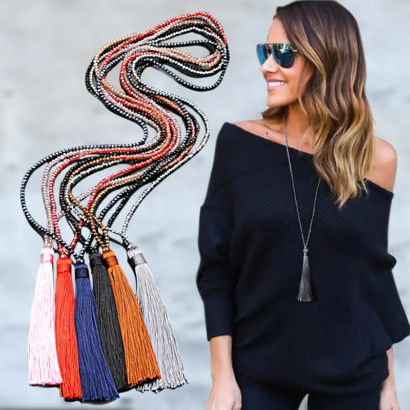 10 Colors Beaded Crystal Tassel Decorative Women's Necklace with Ball Chain