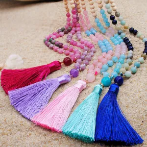 Handmade Beaded Geometric Women Tassel Necklace with Stone Crystal