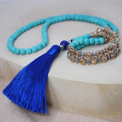 Handmade Beaded Geometric Women Tassel Necklace with Stone Crystal