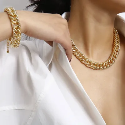 2 Pcs Fashion Simple Metal Chain Choker Necklace And Bracelet Set