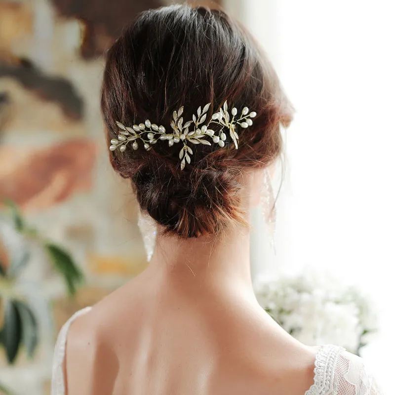 Vintage Pearl Leaf Decor Handmade Bridal Hair Comb for Women