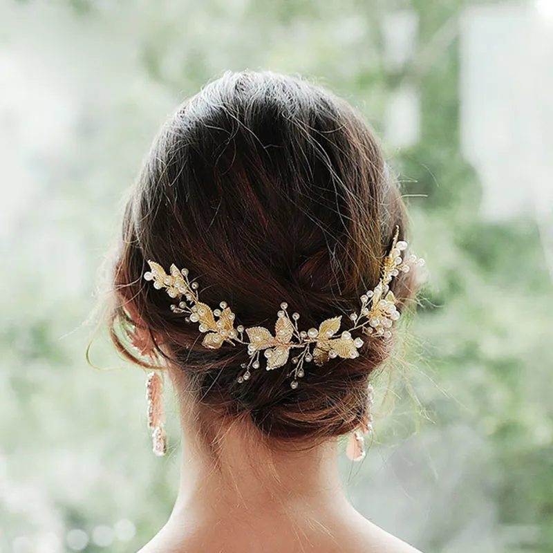 Alloy Leaves Handmade Pearl Decor Bridal Hair Comb for Wedding