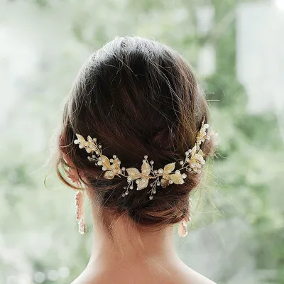 Alloy Leaves Handmade Pearl Decor Bridal Hair Comb for Wedding