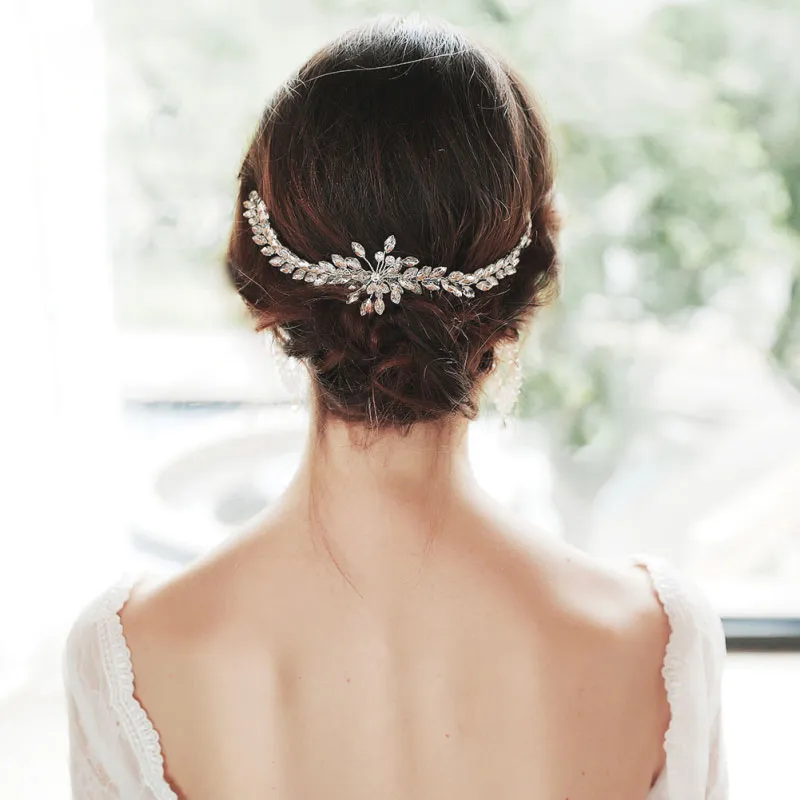 Bridal Long Leaves-shape Rhinestone Hair Comb for Women Wedding Party