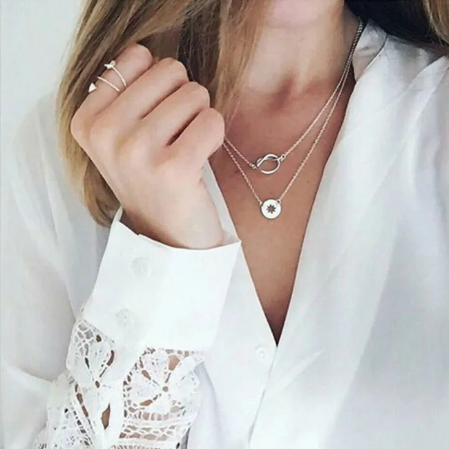 Fashion Hollow Hexagram Pendant Double-layer Necklace