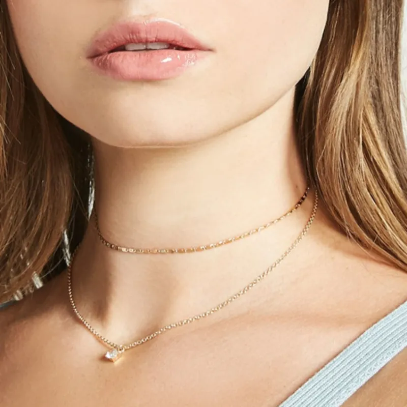 Classic Rhinestone Decor Women Alloy Choker Chain Double-layer Necklace