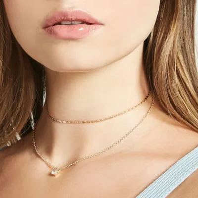 Classic Rhinestone Decor Women Alloy Choker Chain Double-layer Necklace