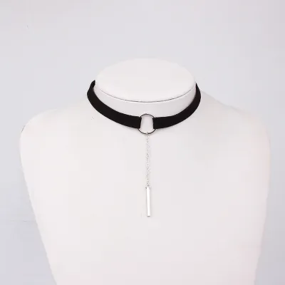 Women Suede Metal Circle Pendant Choker Necklace