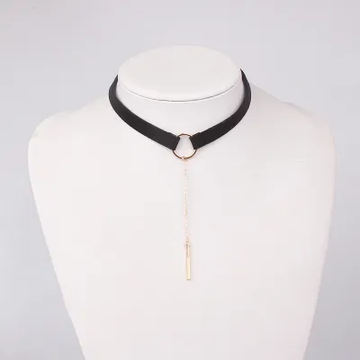 Women Suede Metal Circle Pendant Choker Necklace
