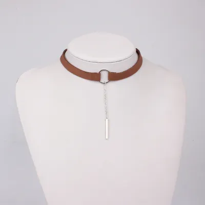 Women Suede Metal Circle Pendant Choker Necklace