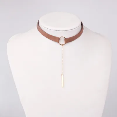 Women Suede Metal Circle Pendant Choker Necklace