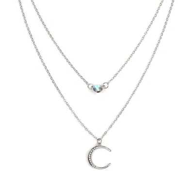 Moon Rhinestone Decor Women Double-Layer Pendant Necklace