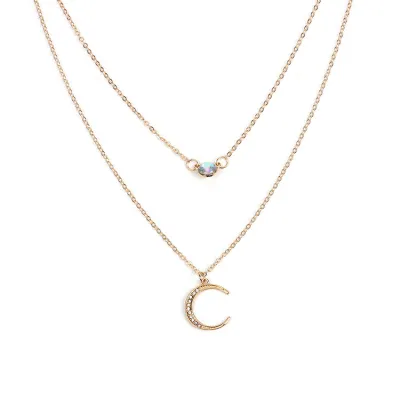 Moon Rhinestone Decor Women Double-Layer Pendant Necklace