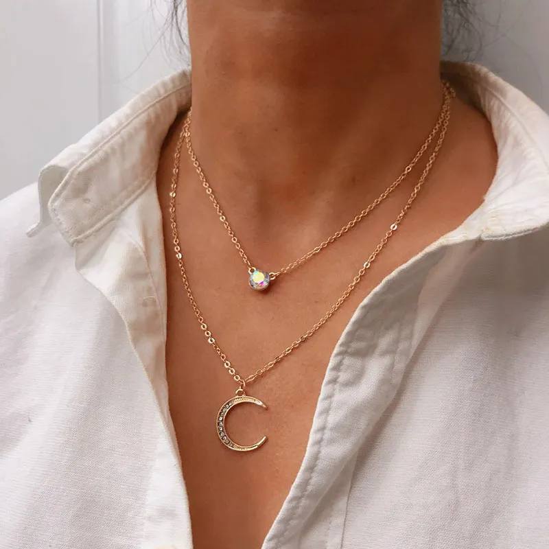 Moon Rhinestone Decor Women Double-Layer Pendant Necklace