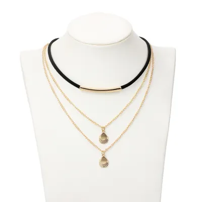 Black Suede Choker Shell Decor Three-layer Necklace