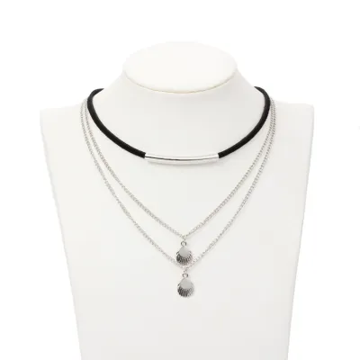 Black Suede Choker Shell Decor Three-layer Necklace