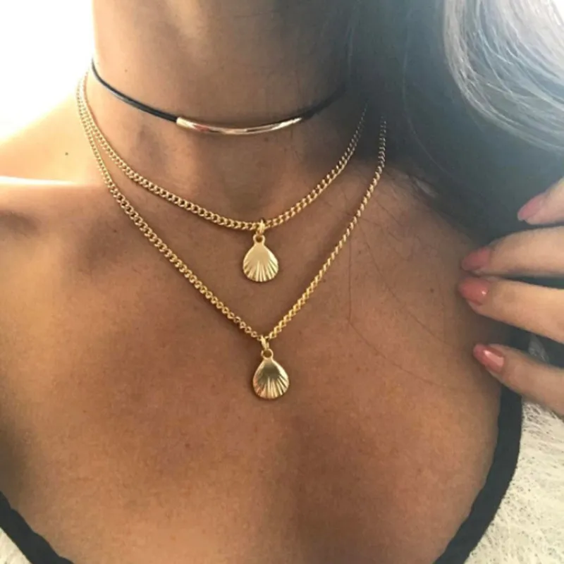 Black Suede Choker Shell Decor Three-layer Necklace
