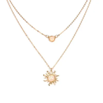 Sun Pendant Opal Decor Women Double Layer Boho Choker Necklace