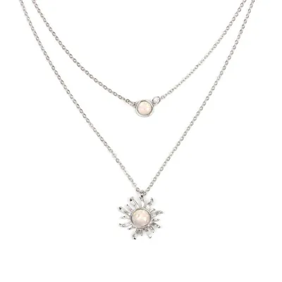 Sun Pendant Opal Decor Women Double Layer Boho Choker Necklace