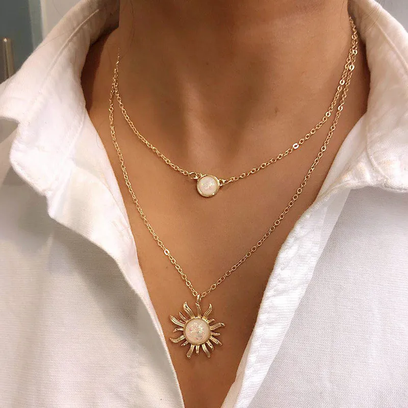 Sun Pendant Opal Decor Women Double Layer Boho Choker Necklace
