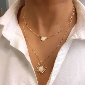 Sun Pendant Opal Decor Women Double Layer Boho Choker Necklace