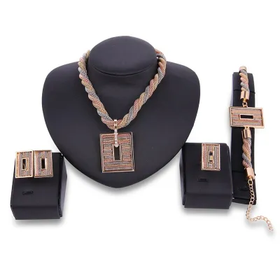Arabic Bridal Jewelry Sets for Wedding 4 Piece Alloy Square Pattern Women's