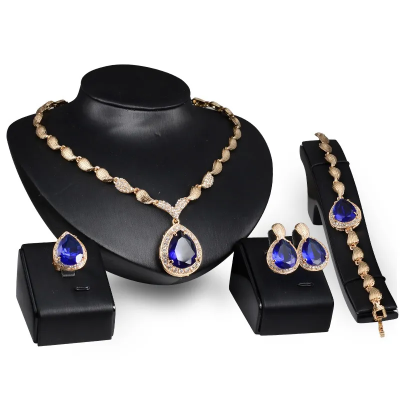 4pcs Capri Blue Stone Gold Plated Alloy Bridal Jewelry Set Water Drop Geometric Flower Pattern