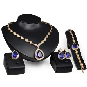 4pcs Capri Blue Stone Gold Plated Alloy Bridal Jewelry Set Water Drop Geometric Flower Pattern