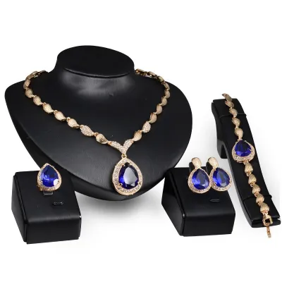 4pcs Capri Blue Stone Gold Plated Alloy Bridal Jewelry Set Water Drop Geometric Flower Pattern
