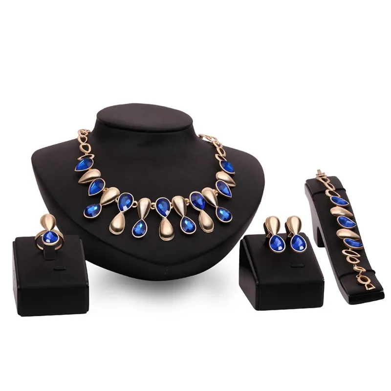 Purple Capri Blue Waterdrop Shape Diamond Gold Wedding Jewelry Set