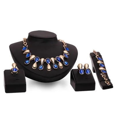 Purple Capri Blue Waterdrop Shape Diamond Gold Wedding Jewelry Set