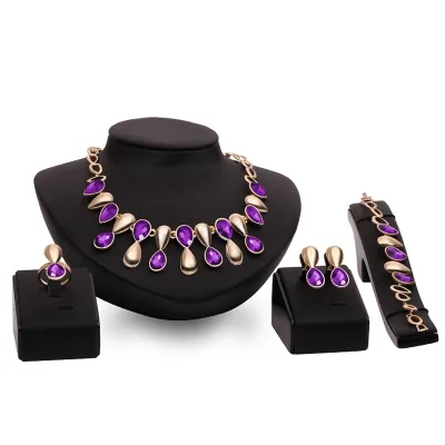 Purple Capri Blue Waterdrop Shape Diamond Gold Wedding Jewelry Set