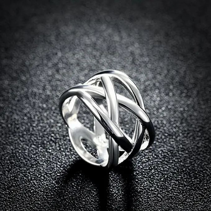 Women Fashion High Quality Silver Copper Alloy Geometric Weave Ring
