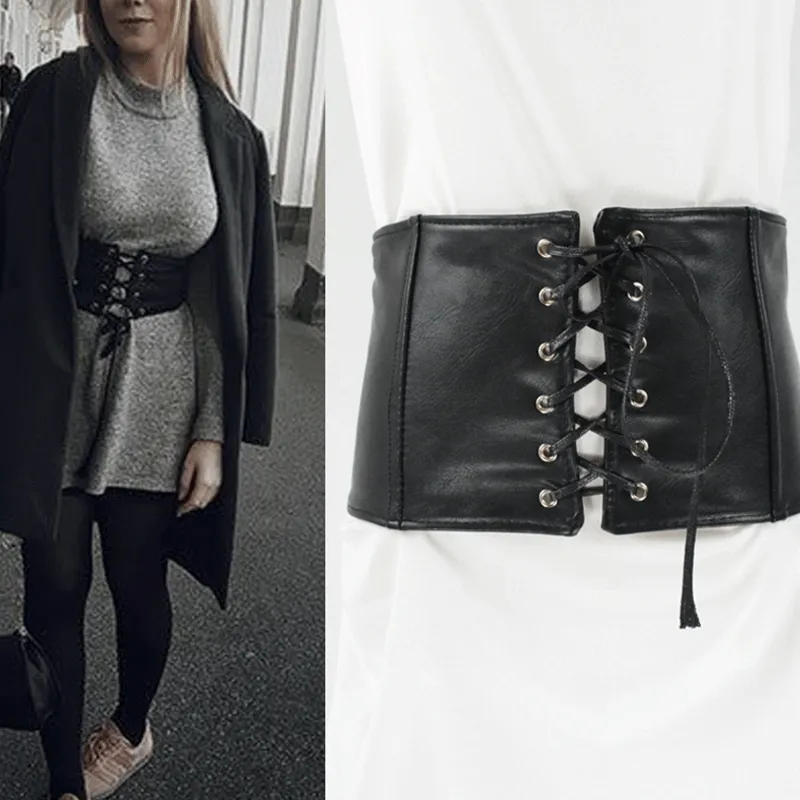 Women Fashion Wide PU Lace-up Girdle Belt