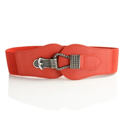 Women Fashion Metal Buckle Decoration Imitation Leather Elastic Belt