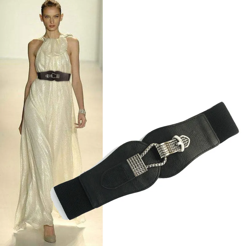 Women Fashion Metal Buckle Decoration Imitation Leather Elastic Belt