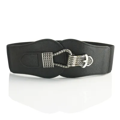 Women Fashion Metal Buckle Decoration Imitation Leather Elastic Belt