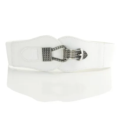 Women Fashion Metal Buckle Decoration Imitation Leather Elastic Belt