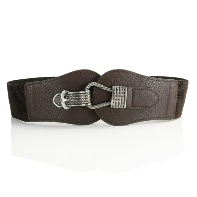 Women Fashion Metal Buckle Decoration Imitation Leather Elastic Belt