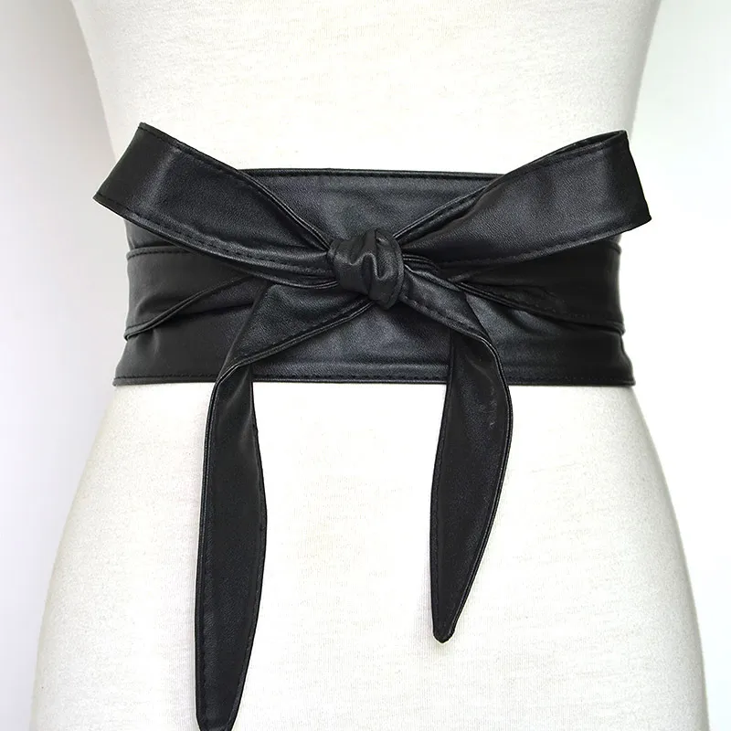 Women Fashion Bowknot Lace-up Wide PU Girdle Belt