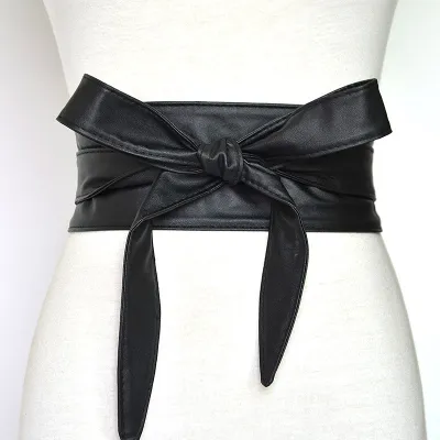Women Fashion Bowknot Lace-up Wide PU Girdle Belt