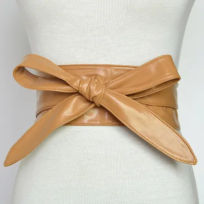 Women Fashion Bowknot Lace-up Wide PU Girdle Belt