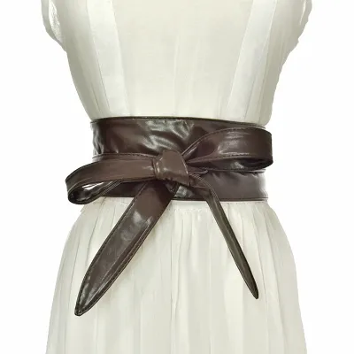 Women Fashion Lace Up Wide Girdle Belt Imitation Leather Wild Glossy