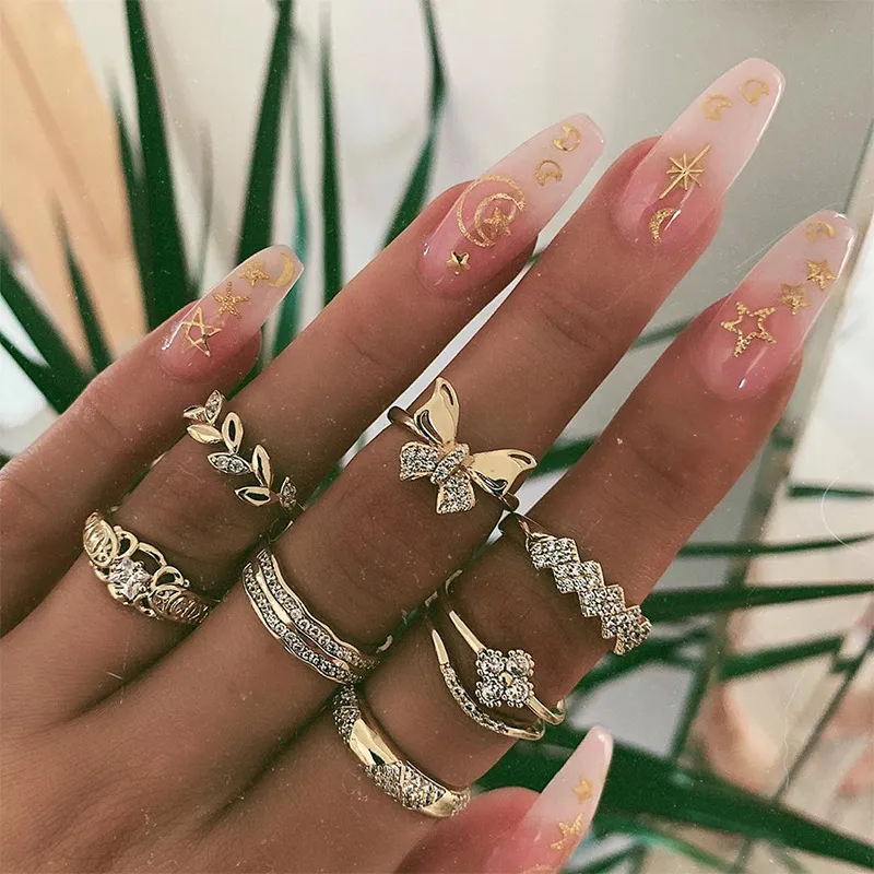 Fashion Leaves Butterfly Pattern Rhinestone Decor Ring Set for Women